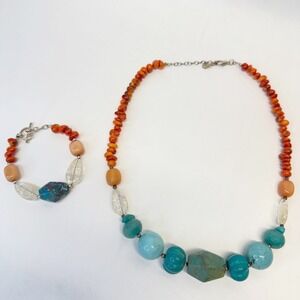 Barse‎ Stone Bead Necklace and Bracelet Set Turquoise Howlite Quartz Coral Agate